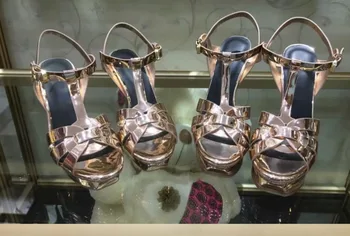 T-rem Sommeren Kendte Sko Hyldest Gladiator Sandalias Mujer sexet patent læder platform i high-heel sandaler Kjole Pumper 2016