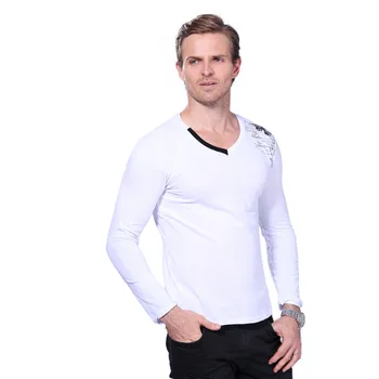 T-Shirt til Mænd med Lange Ærmer Nye Mode 2017 Print Foråret Mænds Mærke Tøj Afslappet Slank V-hals Bomuld T-shirt til Mænd Tees M-5XL