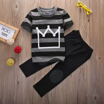 T-shirt, Toppe, Bukser 2stk Børn Cool Nyfødte Baby Drenge Bomuld Crown Stribet kortærmet Sort Tøj Tøj Mode Drenge