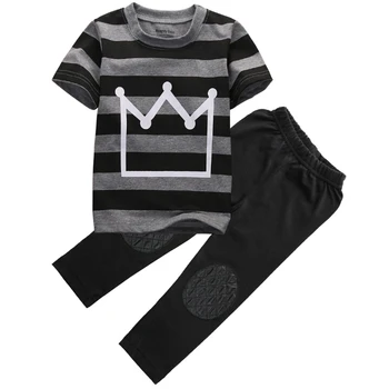 T-shirt, Toppe, Bukser 2stk Børn Cool Nyfødte Baby Drenge Bomuld Crown Stribet kortærmet Sort Tøj Tøj Mode Drenge