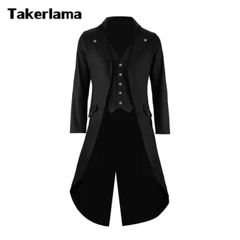 Takerlama Herre Gotiske Tailcoat Jakke Steampunk Grøft Cosplay Kostume Victorianske Frakke Sort Mænds Lange Tuxedo Jakkesæt med Vest