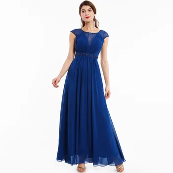 Tanpell beaded kjole til aften i mørke royal blå cap ærmer floor længde en linje kjoler, nye kvinder blonder scoop hals lang aften kjole