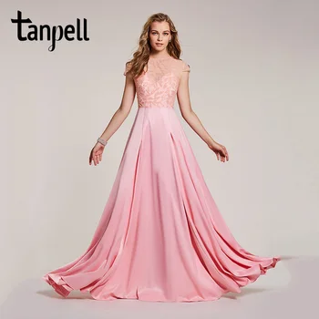 Tanpell beaded lange gallakjoler pink scoop floor længde en linje kjole kvinder cap ærmer bryllupsfest aften formelle kjoler