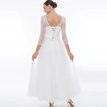 Tanpell lange gallakjoler hvid scoop 3/4 længde ærmer floor længde en linje kjoler beaded bånd tilbage snøre formel prom kjole