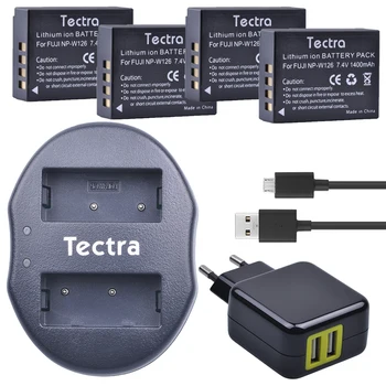 Tectra 4stk NP-W126 Li-ion Batteri +Dual USB Oplader med AC-Adapter til Fujifilm FinePix HS30EXR HS33EXR HS50EXR X-A1 X-E1 X-E2