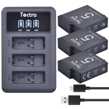 Tectra Til GoPro hero 5 1600mAh go pro 5 batteri + LED-Display 3-Slot-USB-Oplader med Type-C-Port til GoPro HERO5 Sport Kamera