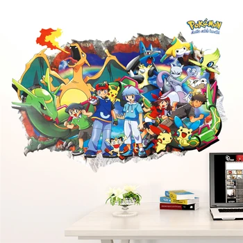 Tegnefilm Pikachu Red gennem wall stickers til børneværelset soveværelse dekorationer 3d Pokemon Gå væg kunst decals diy-plakater