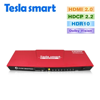 Tesla smart Rød HDMI-2.0 4K@60Hz 4-Port USB KVM HDMI Switch for Mange Computer-PC Support IR USB 2.0, Trådløs Mus, Tastatur