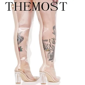 THEMOST 2017 Europæiske sexet mode gennemsigtig støvler damer TPU læder træde fødder store størrelse kvinder sko 33-48