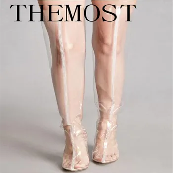 THEMOST 2017 Europæiske sexet mode gennemsigtig støvler damer TPU læder træde fødder store størrelse kvinder sko 33-48