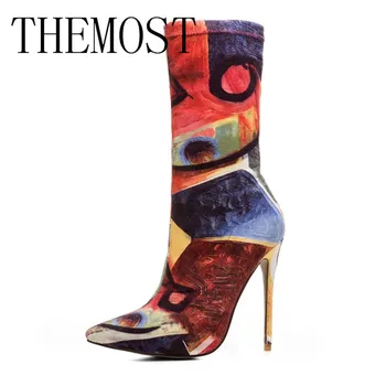 Themost 2017 seneste håndmalet kunst, Italien hæl hæl spidse 12cm korte støvler, fashionable kvinder støvler 33-48 m
