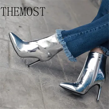 THEMOST Kvinder Støvler Mode Platform punk høje tynde hæle Ankel støvler Plus Size33-48 Efterår og Vinter Zip Sølv Afslappet Part sko