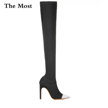THEMOST Mode strikket læder højhælede boots33-46large m efteråret eller vinteren spidse læder farve rubber skridsikker såler