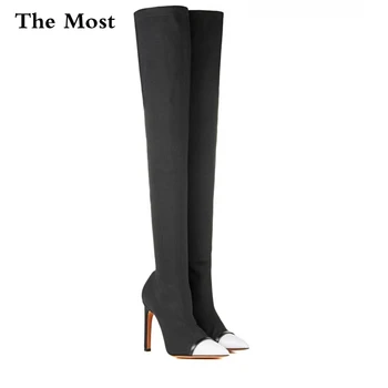 THEMOST Mode strikket læder højhælede boots33-46large m efteråret eller vinteren spidse læder farve rubber skridsikker såler