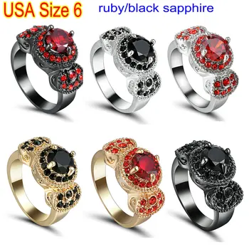 TianBo Luksus Ring Smykker Kvinder, Bryllup, Runde Sort / Rød Krystal CZ Zircon Sort/hvid/Guld-farve Engagement Ring Størrelse: 6