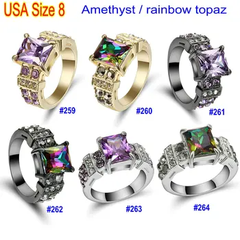 TianBo Nye Lilla / Regnbue Krystal Design Geometriske Hvid / Sort /Guld Farve Jewlery Mand Kvinde Vintage Wedding Ring Størrelse 8