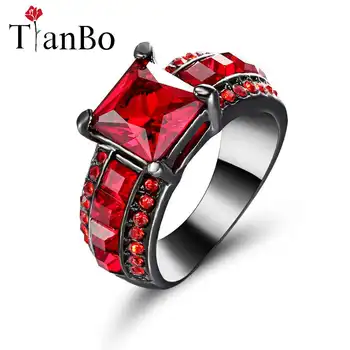 TianBo Valentine ' s Day Gave Dame Sort/hvid/gul farve Bryllup Størrelse 7 Ring Blue /Red Square CZ Zircon Sæt Ring