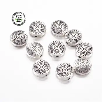 Tibetanske Stil Perler, Flad Rund med Stjerne, Bly Fri, Cadmium Fri og Nikkel Fri, Antik Sølv, ca 10mm i diameter, 4mm