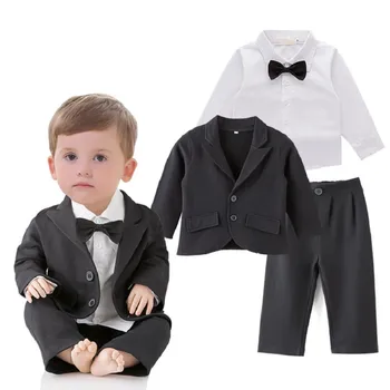 Toddler drenge tøj 3stk sort jakke+bukser+hvid skjorte drenge herre bow tie udstyr spædbarn formelle dragter part baby tøj