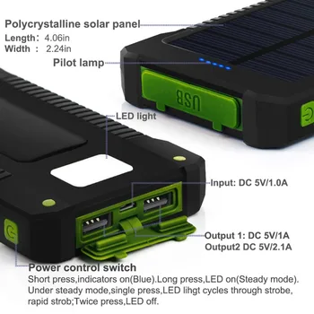 Tollcuudda Vandtæt 10000Mah Solar Power Bank Solar Oplader Dobbelt USB Power Bank med LED-Lys til iPhone 6 Plus Mobiltelefon