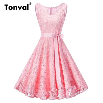 Tonval Plus Størrelse 3XL Kvinder, Blomster Blonder Vintage Kjole Pink Retro Tunika Kjole V-Hals Aften Fest Elegant Sommer Kjoler