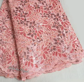 Top grade unikke pink Handcut satin blonder Afrikanske Swiss lace stof med Masser af Perler, Pailletter Sten, 5 m