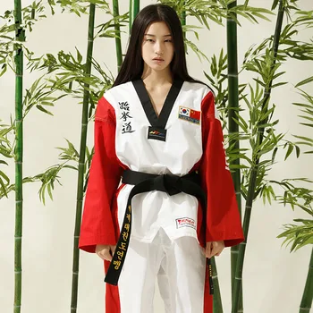 Top Kvalitet farvet Taekwondo Uniform Poomsae dobok Korea rød blå sort tae kwon do tøj Åndbar bomuld WTF godkendt
