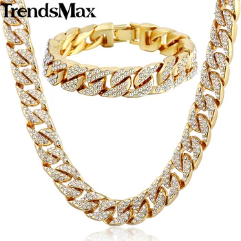 Trendsmax Hiphop Miami Bremse Cubanske Dame Herre Halskæde Armbånd Smykker Sæt Bling Iced Out Guld Sølv Farve 14mm