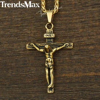 Trendsmax INRI Jesus Kristus Krucifiks Kors Vedhæng Halskæde Herre Kæde 316L Rustfrit Stål Hvede Link Sølv Guld Farve KHP513