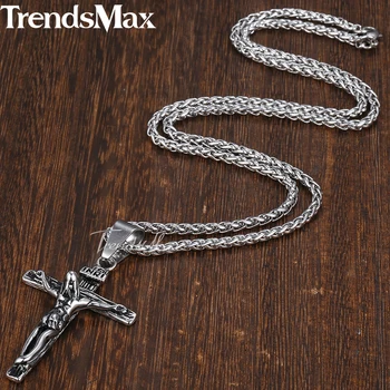 Trendsmax INRI Jesus Kristus Krucifiks Kors Vedhæng Halskæde Herre Kæde 316L Rustfrit Stål Hvede Link Sølv Guld Farve KHP513