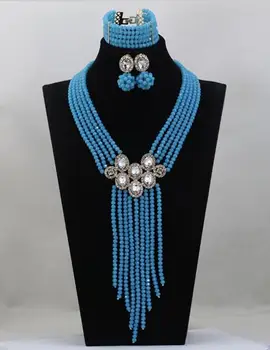 Trendy Afrikanske Himmel Blå Perler Smykke Sæt Nigerianske Bryllup Kostume Krystal Halskæde Armbånd Smykker Sæt Gratis Fragt ANJ034