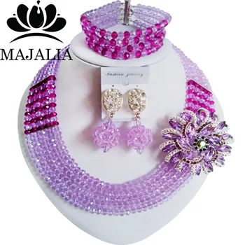 Trendy Nigeria Bryllup afrikanske perler smykke sæt Lilla Krystal halskæde, armbånd, øreringe Gratis fragt P-2447