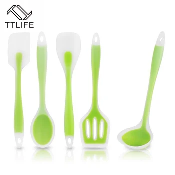 TTLIFE 5pcs/sæt Silikone Køkken kogetøj Sæt varmeandig Madlavning Værktøj, Herunder Skeen potageske Turner Spatel Grøn