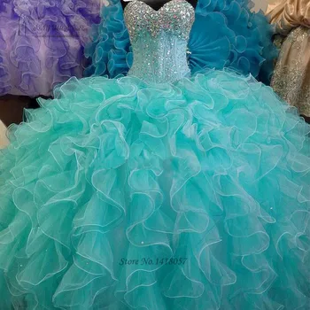 Turkis Quinceanera Kjoler Organza Bold Kjoler Crystal Sweet 16 Kjole Vestidos de 15 Anos Billige Quinceanera Debutante Kjoler