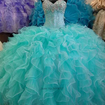Turkis Quinceanera Kjoler Organza Bold Kjoler Crystal Sweet 16 Kjole Vestidos de 15 Anos Billige Quinceanera Debutante Kjoler