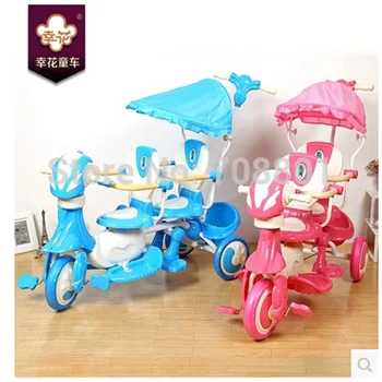 Tvillinger motorcykel, dobbelt sæde trike, tre hjul tvillinger baby pedal cykel, to soltag barn vogn med sikkerhed armest