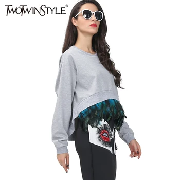 [TWOTWINSTYLE] Efterår Udlæg Fjer Ekstra Lange Ærmer Overdimensionerede Wweatershirt Kvinder Trøjer Nyt Tøj, Streetwear