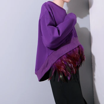 [TWOTWINSTYLE] Efterår Udlæg Fjer Ekstra Lange Ærmer Overdimensionerede Wweatershirt Kvinder Trøjer Nyt Tøj, Streetwear