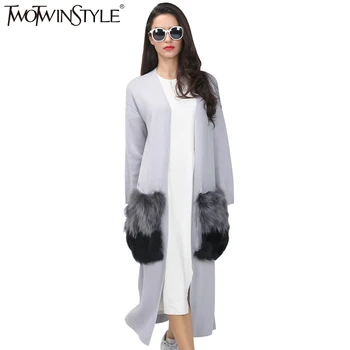 [TWOTWINSTYLE] efterår udlæg naturlige pels lommer lang cardigan trench coat for kvinder i strik, mode, Tøj, New