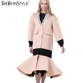 [TWOTWINSTYLE] streetwear lang trench coat for kvinder vindjakke 2017 efteråret nye V-hals fishtail hem se-gennem nettet mode