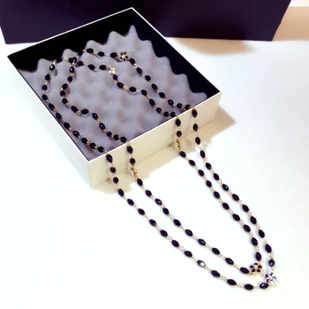 TYME 2018 sort krystal halskæde blomst simuleret perlekæder kvinder dobbelt kæde lang halskæde sweater kolye collier