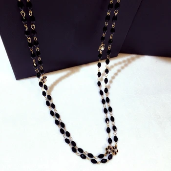 TYME 2018 sort krystal halskæde blomst simuleret perlekæder kvinder dobbelt kæde lang halskæde sweater kolye collier