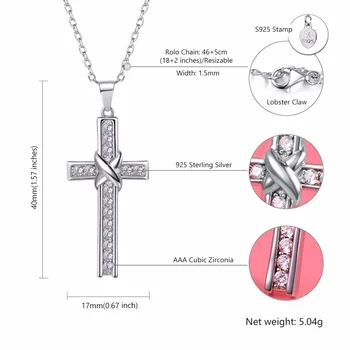 U7 925 Sterling Sølv Kors Vedhæng & Kæde Glitrende CZ Zircon Halskæde Julegave til Kvinder Kristne Smykker SC14