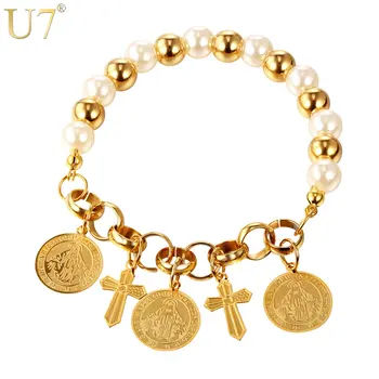 U7 Strand Armbånd Guld Farve Jesus stykke på Tværs af Charme Simuleret Hvid Perle Christian Smykker Armbånd Til Kvinder Gave H824