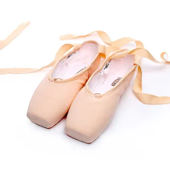 UAFGJORT JIAN Satin lærred spidse sko med bånd og gel tå puder til piger, pink speciale ballet og dans spidse sko.
