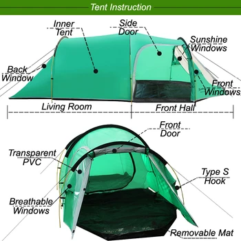 Udendørs Vandreture Camping Telt til 3-4 personer Tunnel Telte Dobbelt Lag Telt til 4 personer Vandtæt Camping Telt