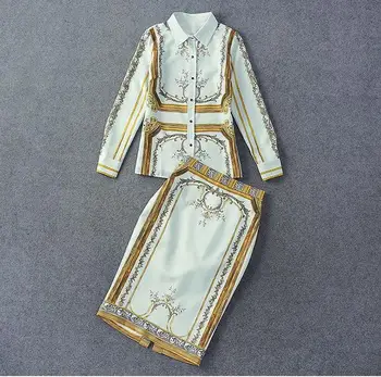 Udskrivning skjorte kraven, trykt bomuld skjorte + split nederdel Europæiske fashion brand boutique-Barokke totem temperament passer w1785