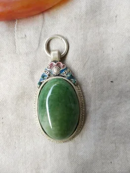 Udsøgt Kinesisk, Tibetansk Sølv Indlagt med elfenben Grøn Jade-Amulet Halskæde Vedhæng