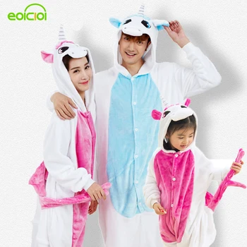 Unicorn Flannel Piger dreng Pyjamas for familie Cosplay Kostume Dyr Onesies For Voksne Mænd Kvinder Barn dyr pyjamas ét stykke