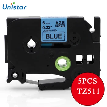 UNISTAR 5PCS Etiket, Bånd TZe511 TZ511 TZe-511-Kompatible Brother P-touch Printer Sort på Blå 6mm for Brotrher TZ-Tape